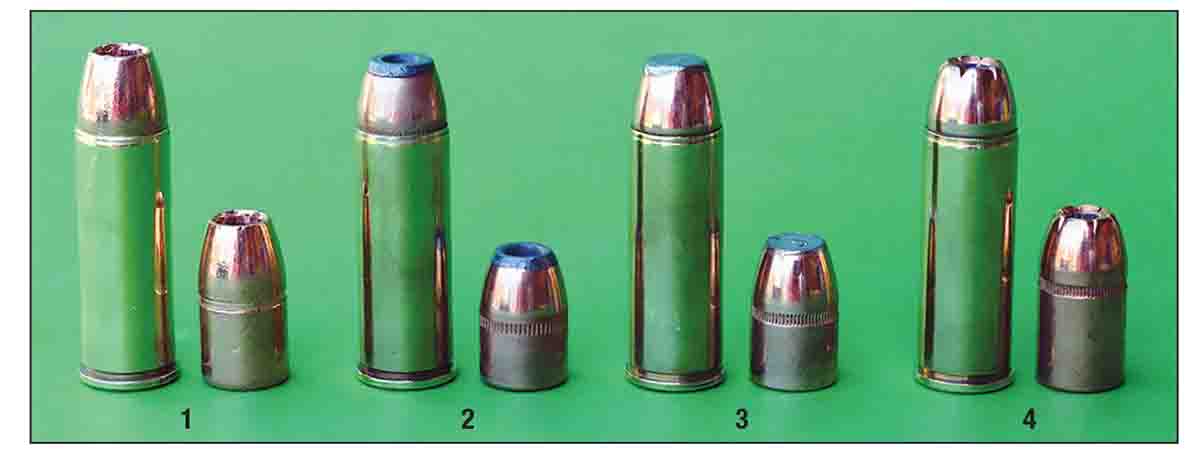 Jacketed and expanding monolithic bullets can perform very well in the 475 Linebaugh including the: (1) Barnes 275-grain XPB, (2) Hawk Precision 300-grain HP Bonded, (3) Speer 325-grain Deep Curl and (4) Hornady 400-grain XTP.